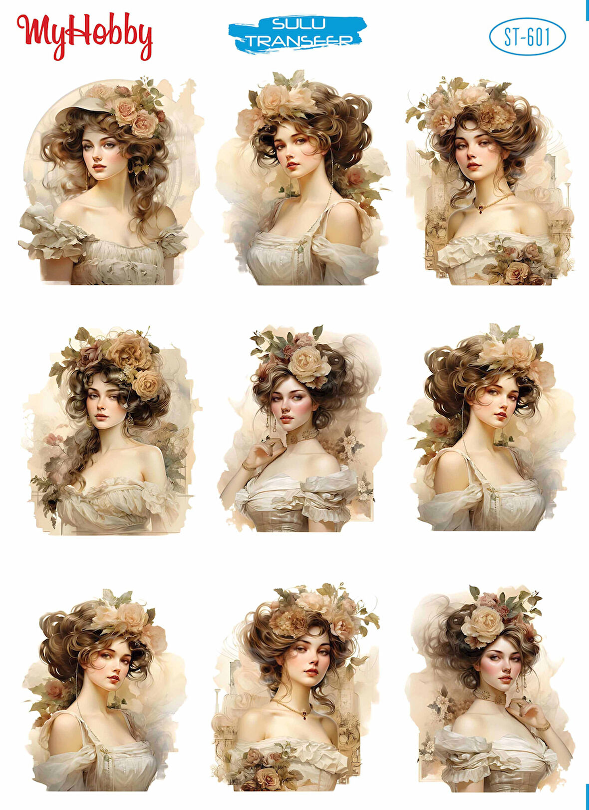 ST601 Dönem Portreleri, Kadın Portreleri Açık Zemin Sulu Transfer 25*35 cm