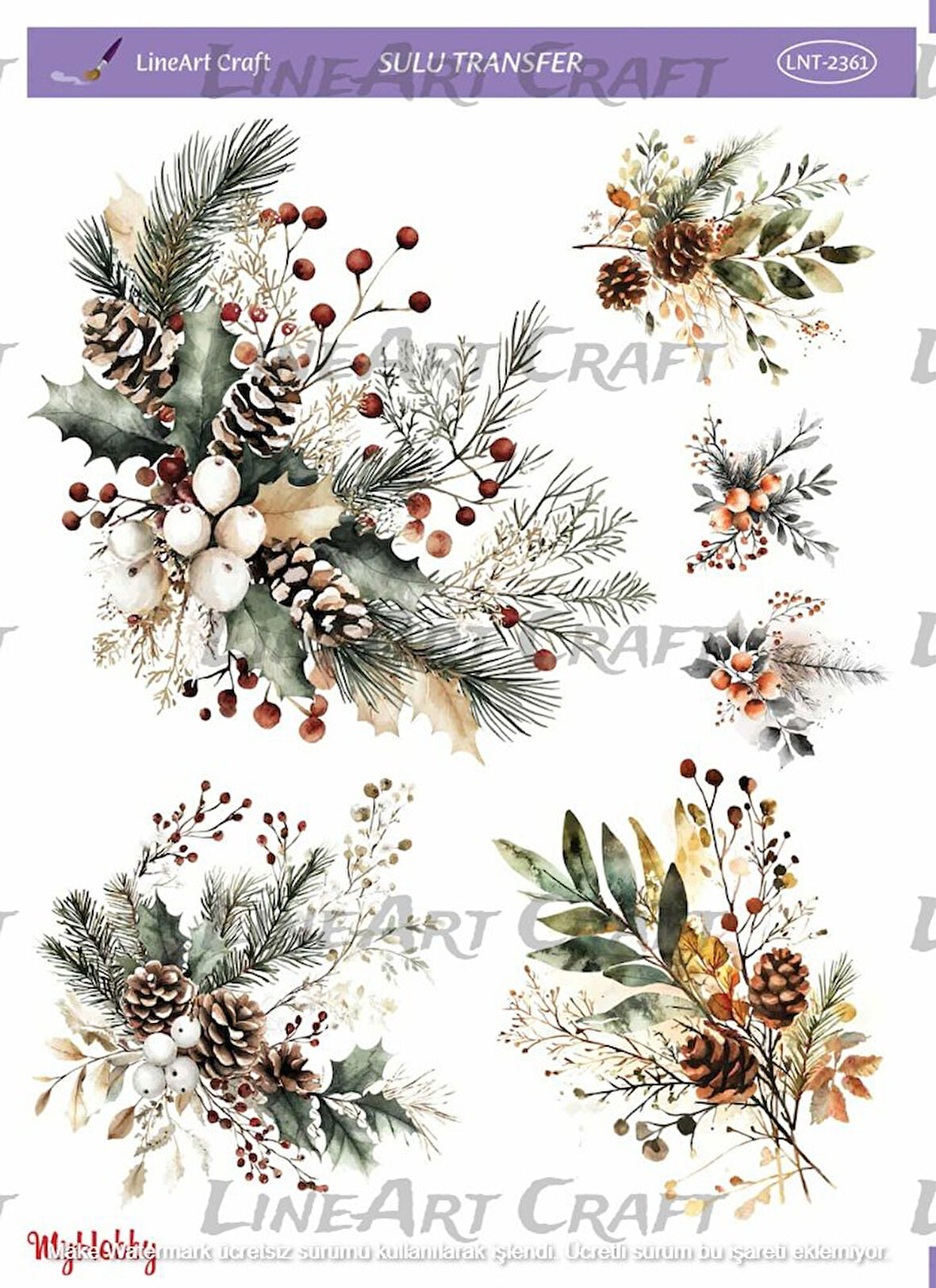 ST2361 Yeniyıl Serisi, Kokina, Kozalak Desenli Açık Zemin Sulu Transfer 25*35 cm