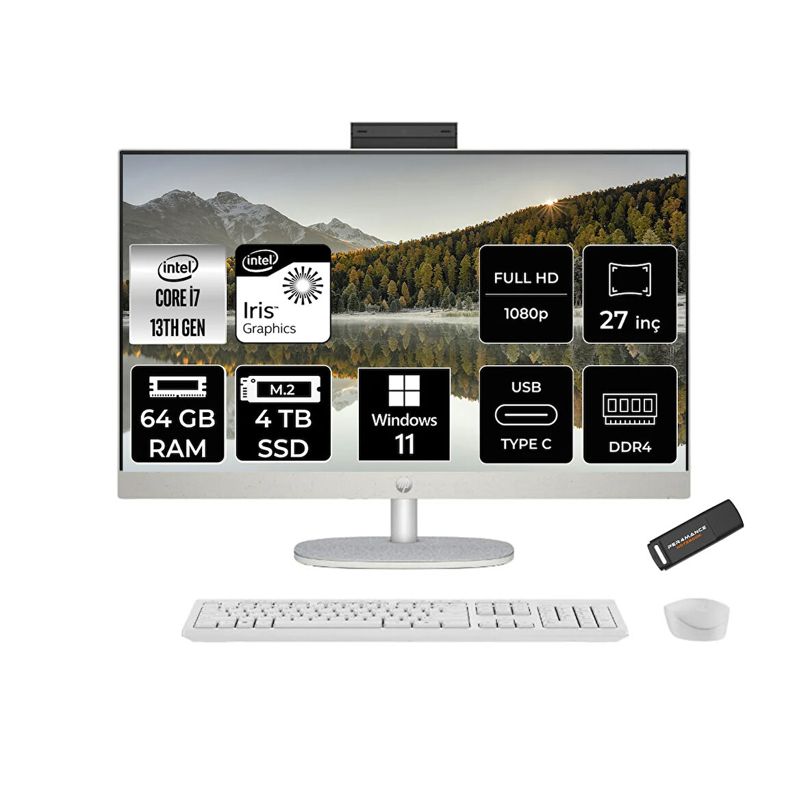 HP 27-CR0004NT i7 1355U 64GB 4TB SSD Intel Graphics 27" FHD IPS W11P All In One PC Beyaz & PER4