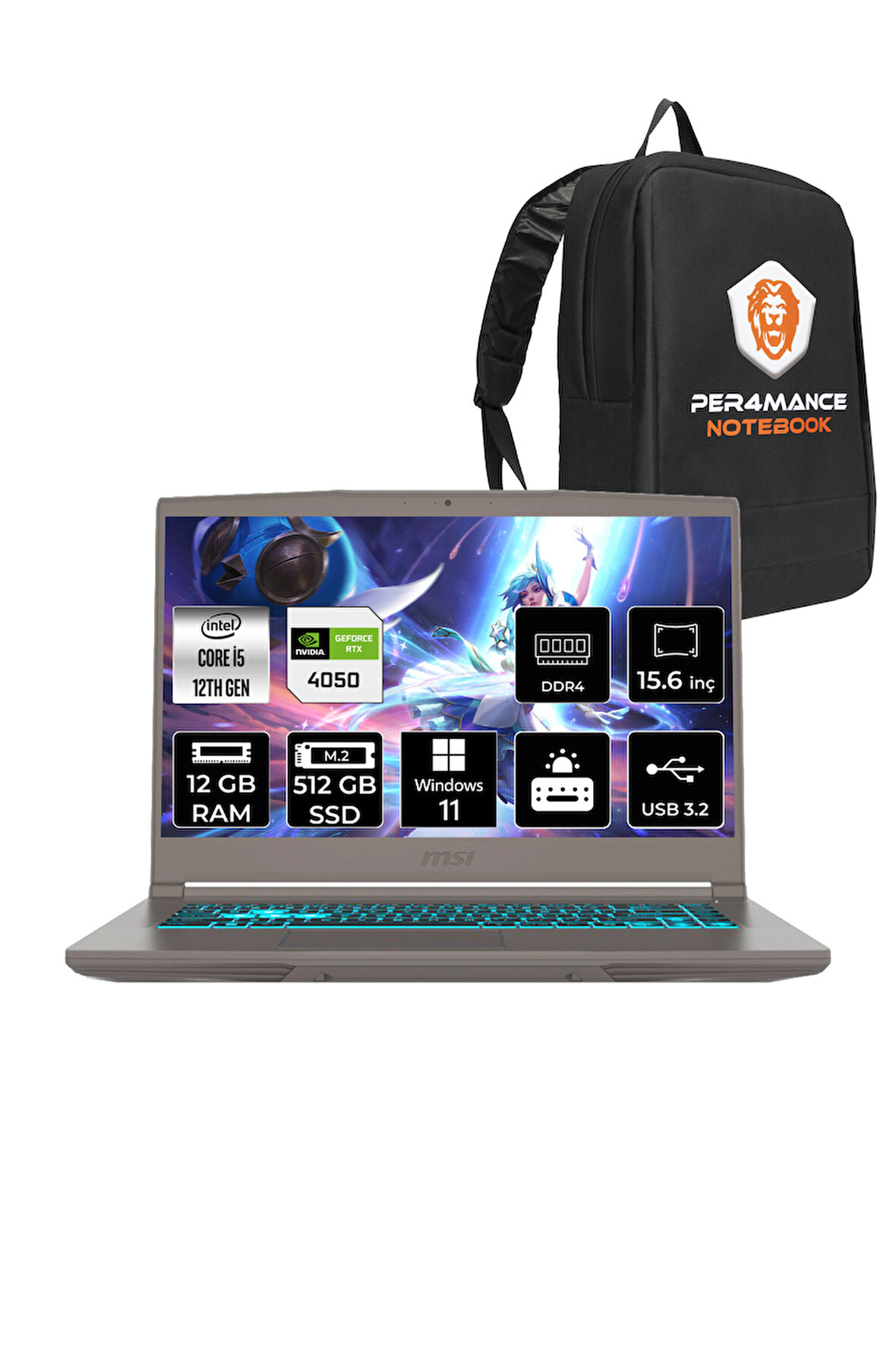 MSI Thin 15 i5 12450H 12GB 512GB SSD RTX4050/6GB 15.6" FHD 144HZ W11H B12VE27TR & PER4 ÇANTA