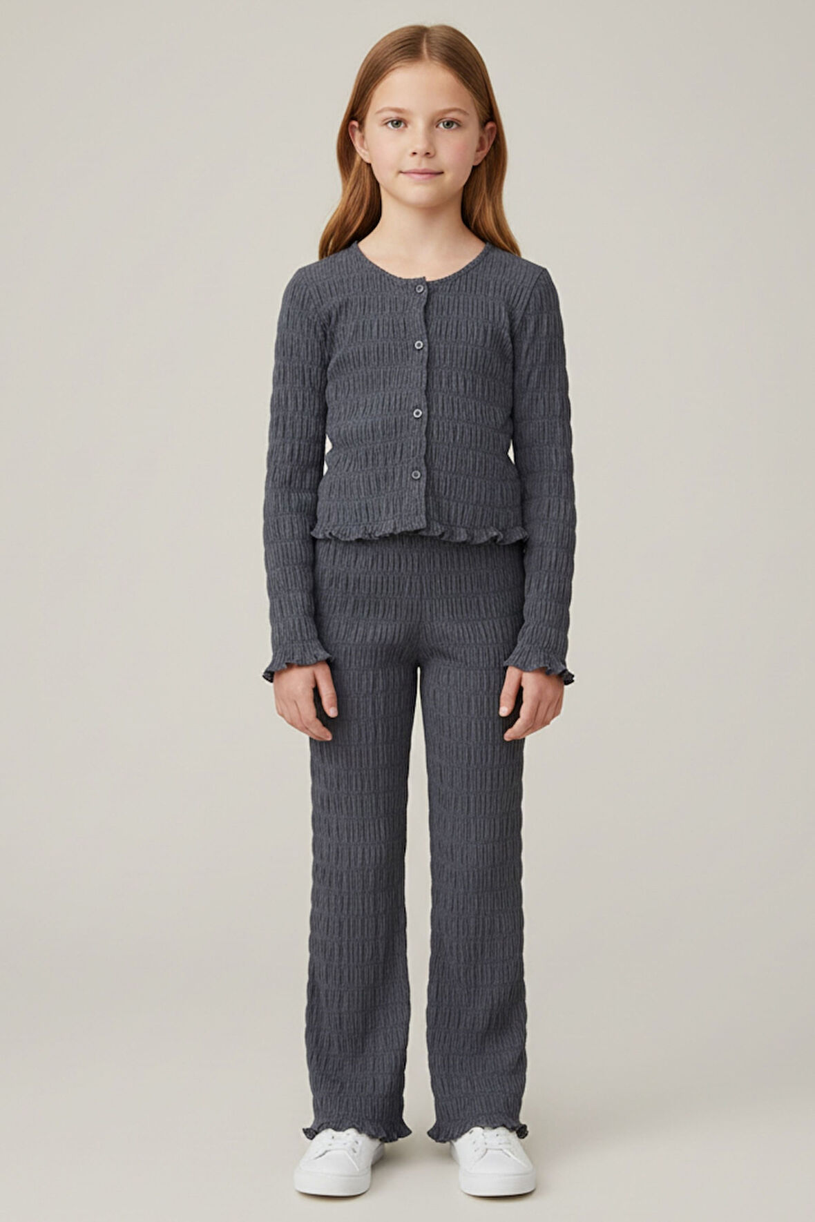 Kız Çocuk Antrasit Hakim Yaka Düğmeli  Rahat Kesim Yumuşak Dokulu Şık Takım - Kız Çocuk Takım