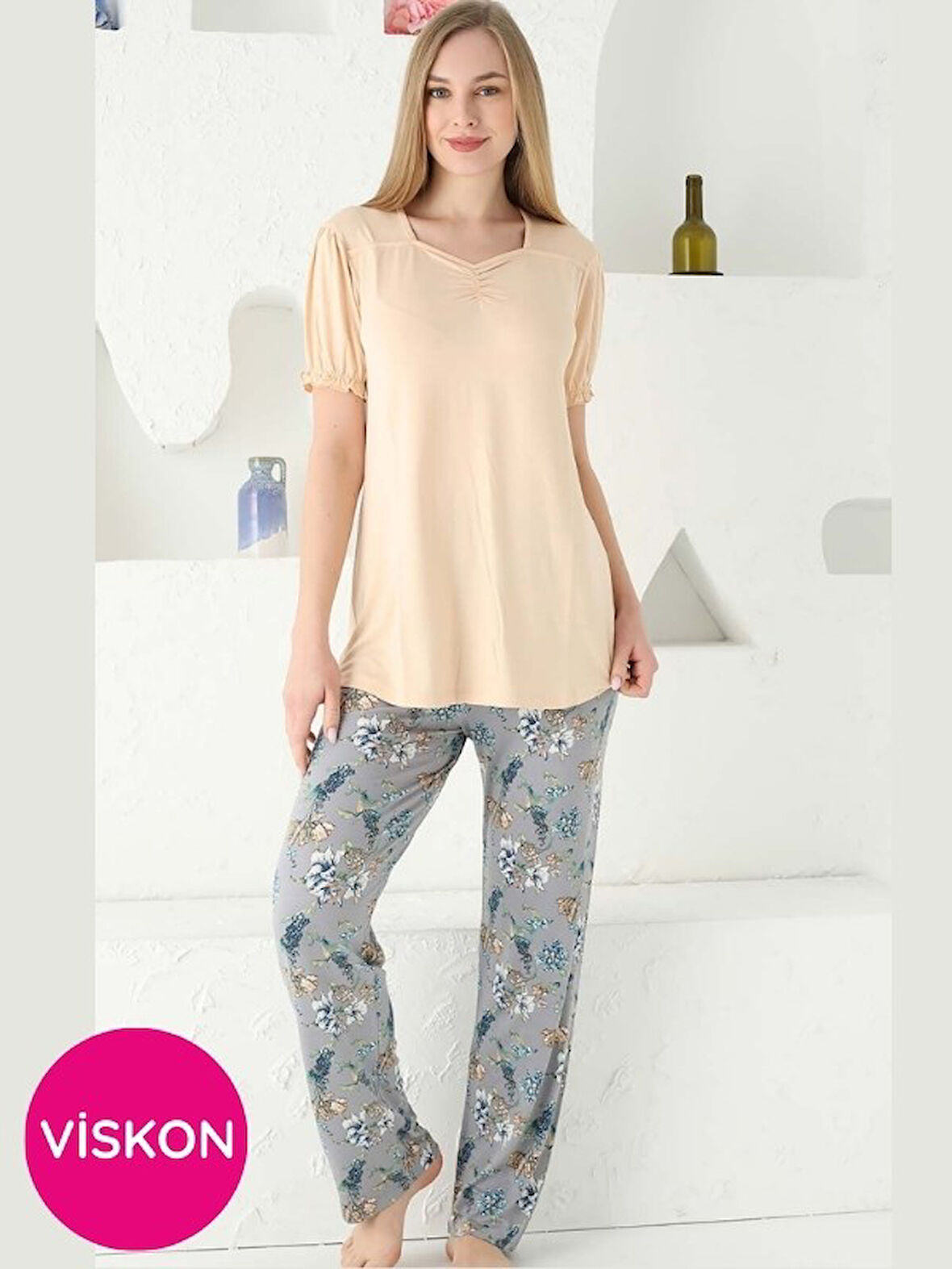 Kadın Düğmesiz Kol Detaylı  Likra Viskon Kısa Kol Tunik Pijama Takımı