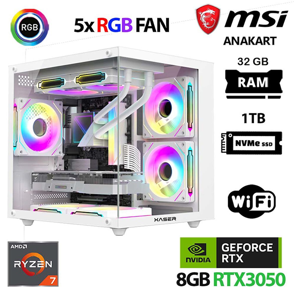 Xaser Cube X20 Ryzen 7 5700x 32GB Ram 1TB M.2 NVMe SSD 6GB RTX3050 Beyaz Masaüstü Oyuncu Bilgisayarı
