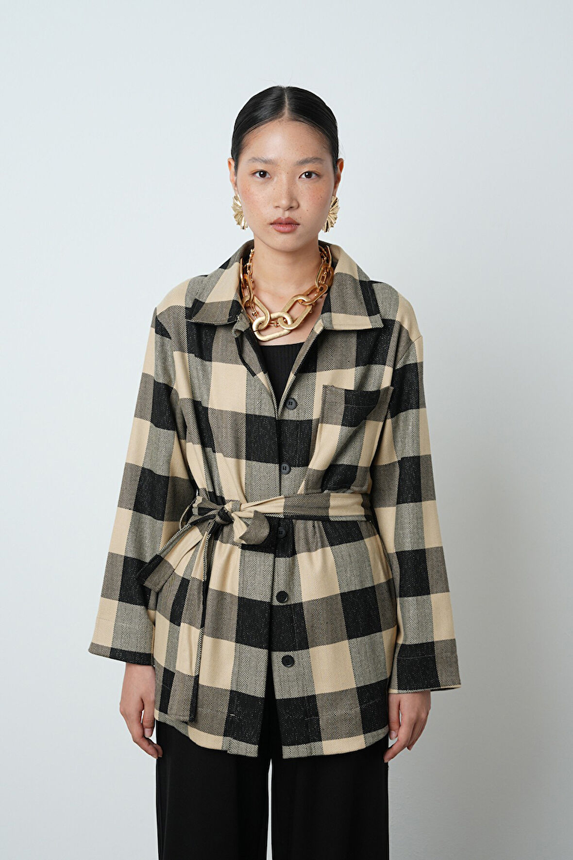 Kadın Ekose Desenli Tek Cepli Kuşaklı Tesettür Gömlek-Ceket