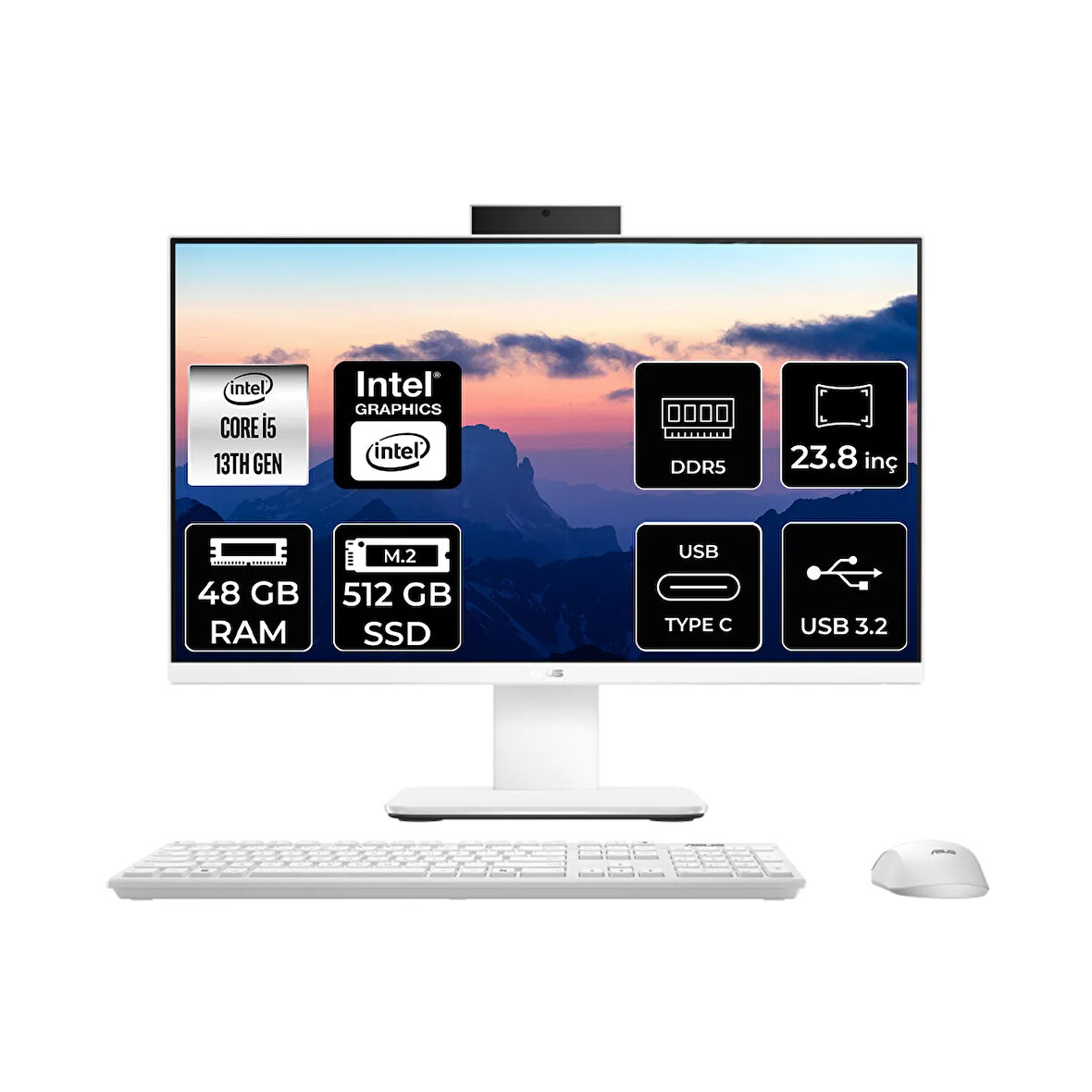 Asus V440 Intel Core i5 13420H 48GB 512GB SSD 23.8" FHD FDOS All in One Bilgisayar Beyaz & USB Bellek