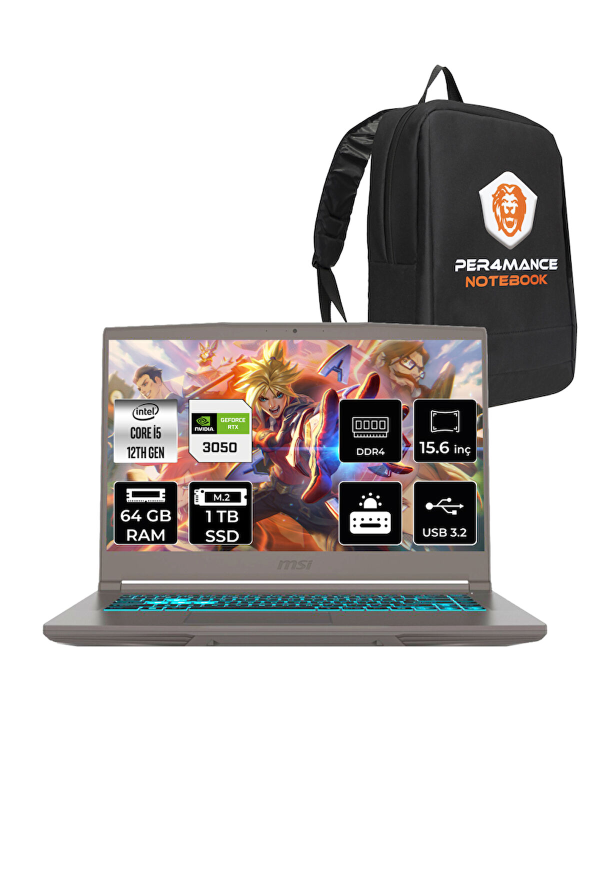 MSI Thin 15 i5 12450H 64GB 1TB SSD RTX3050/4GB 15.6" FHD 144HZ FDOS B12UC91TR & PER4 ÇANTA