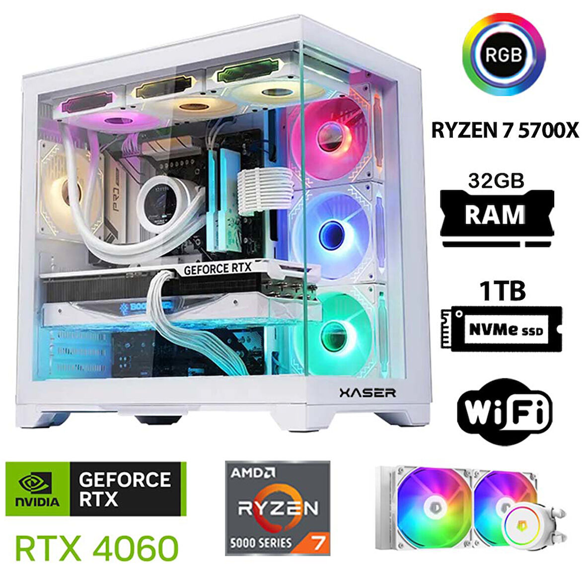 Xaser Sword X32 White Pro Ryzen 7 5700X 32GB Ram 1TB M.2 NVMe SSD 8GB RTX4060 Sıvı Soğutmalı Oyuncu Bilgisayarı