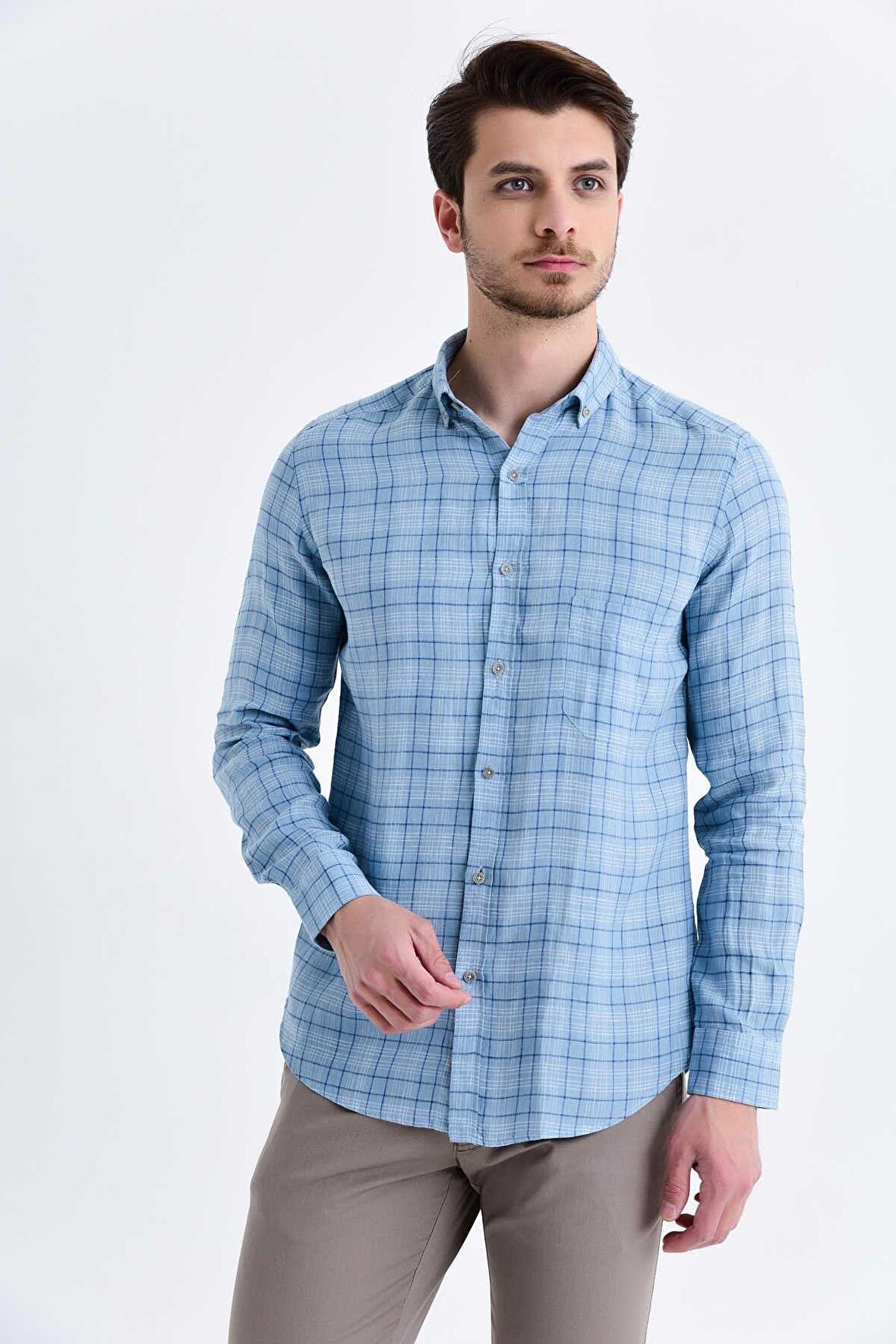 Mavi Slim Fit Keten Gömlek | XS