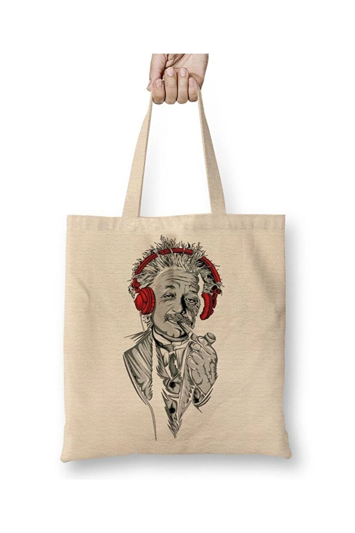 Albert Einstein Müzik Beyaz Bez Çanta Uzun Saplı Alışveriş Çantası Plaj Çantası