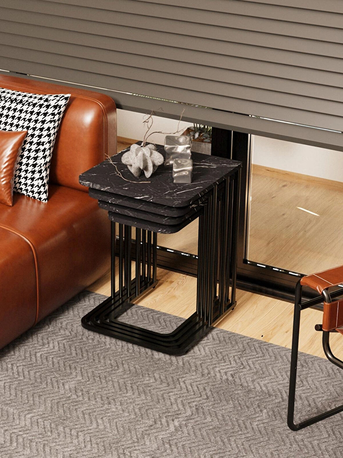 Ceylin 4lü Zigon Sehpa Mdf Tekerlekli Siyah Ayak Siyah Mermer