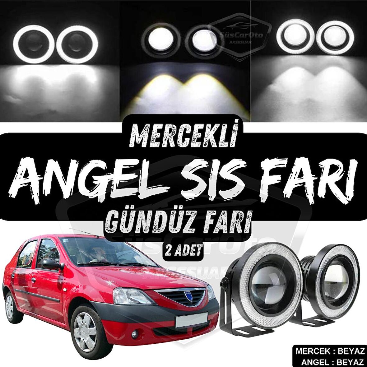 Dacia Logan Uyumlu Üniversal Mercekli Angel Sis Farı Metal Su Geçirmez 76 mm Beyaz Halkalı Gündüz Farı Angel Eyes 2 Adet