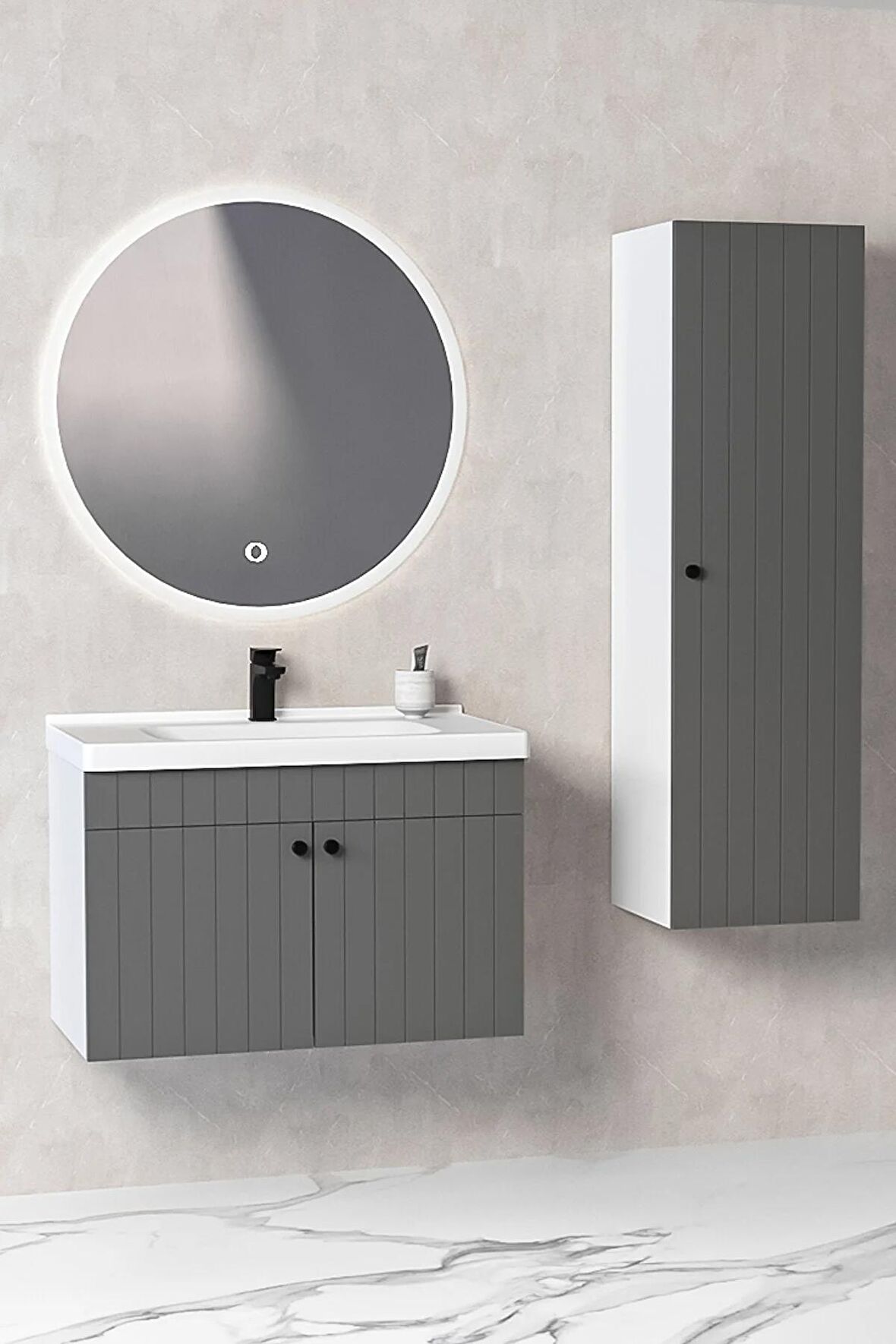 Avien 80 Cm Banyo Dolabı Orz Led Aynalı - Boy Dolap Dahil
