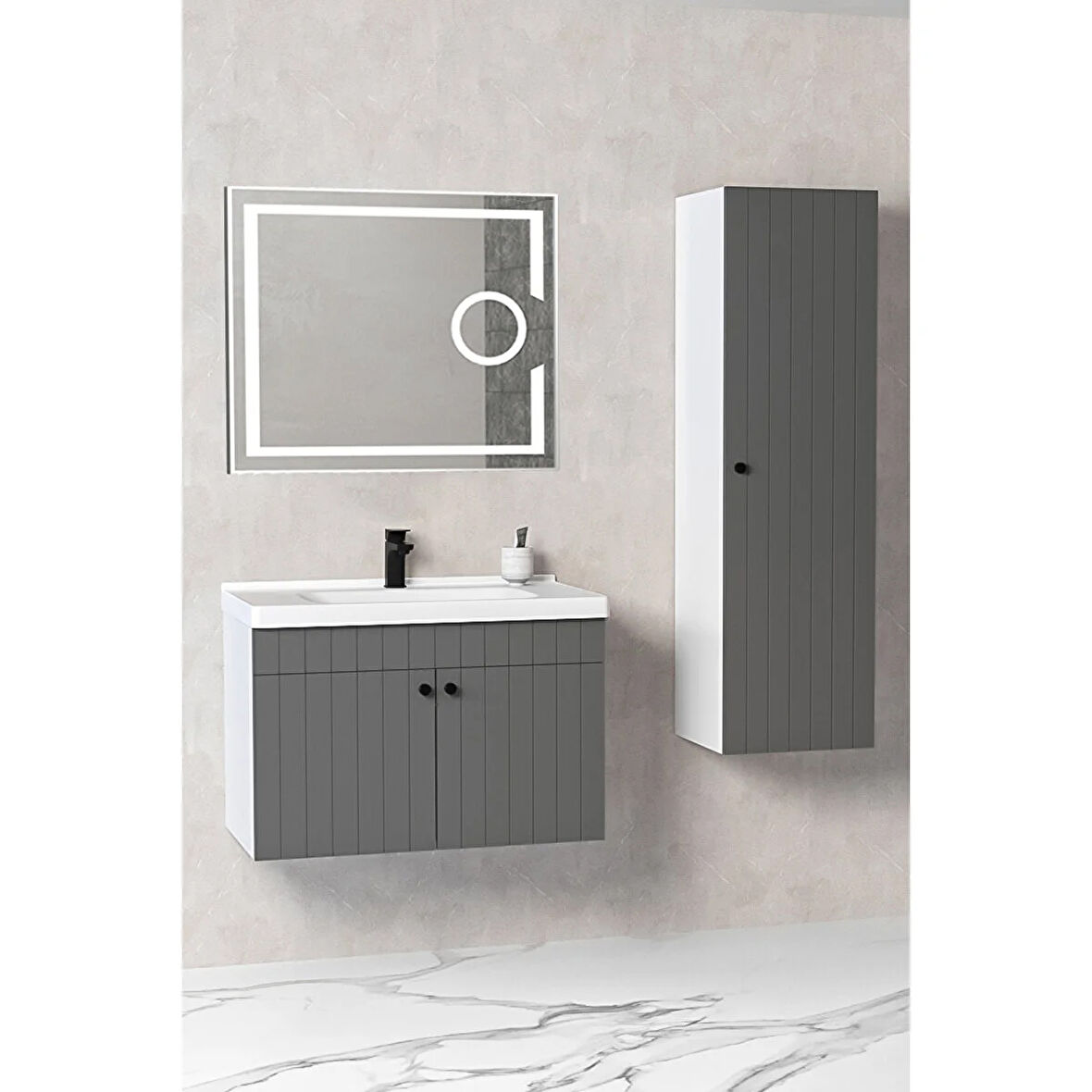 Avien 80 Cm Banyo Dolabı Kiev Led Aynalı - Boy Dolap Dahil