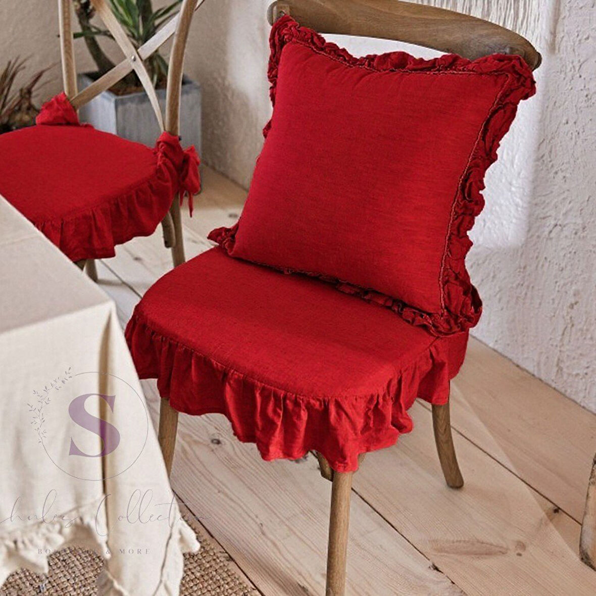 KIRMIZI RENK EL YAPIMI BULDAN YIKANMIS KETEN 4 TARAFI FIRFIRLI SANDALYE MİNDERİ