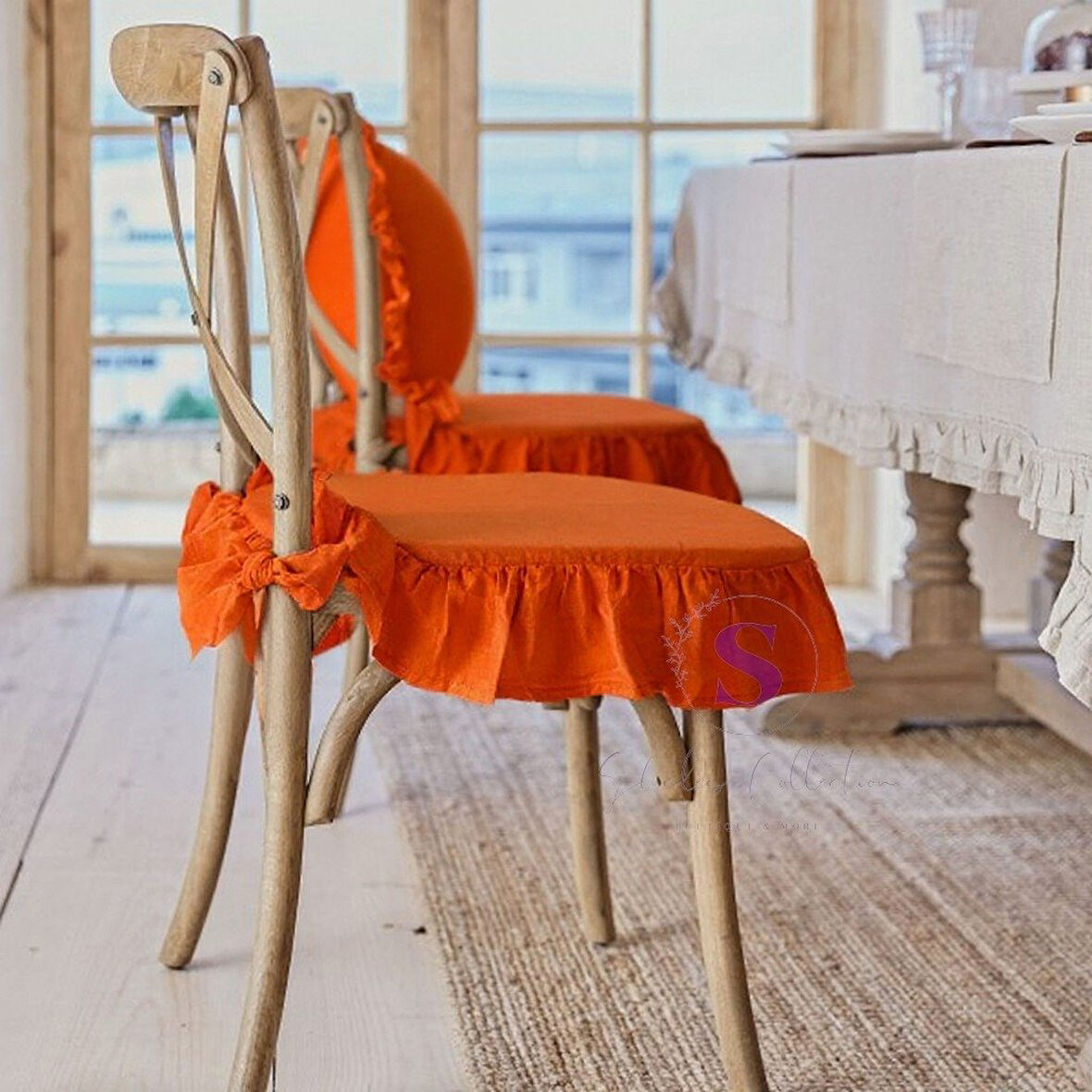 TURUNCU RENK EL YAPIMI BULDAN YIKANMIS KETEN 4 TARAFI FIRFIRLI SANDALYE MİNDERİ