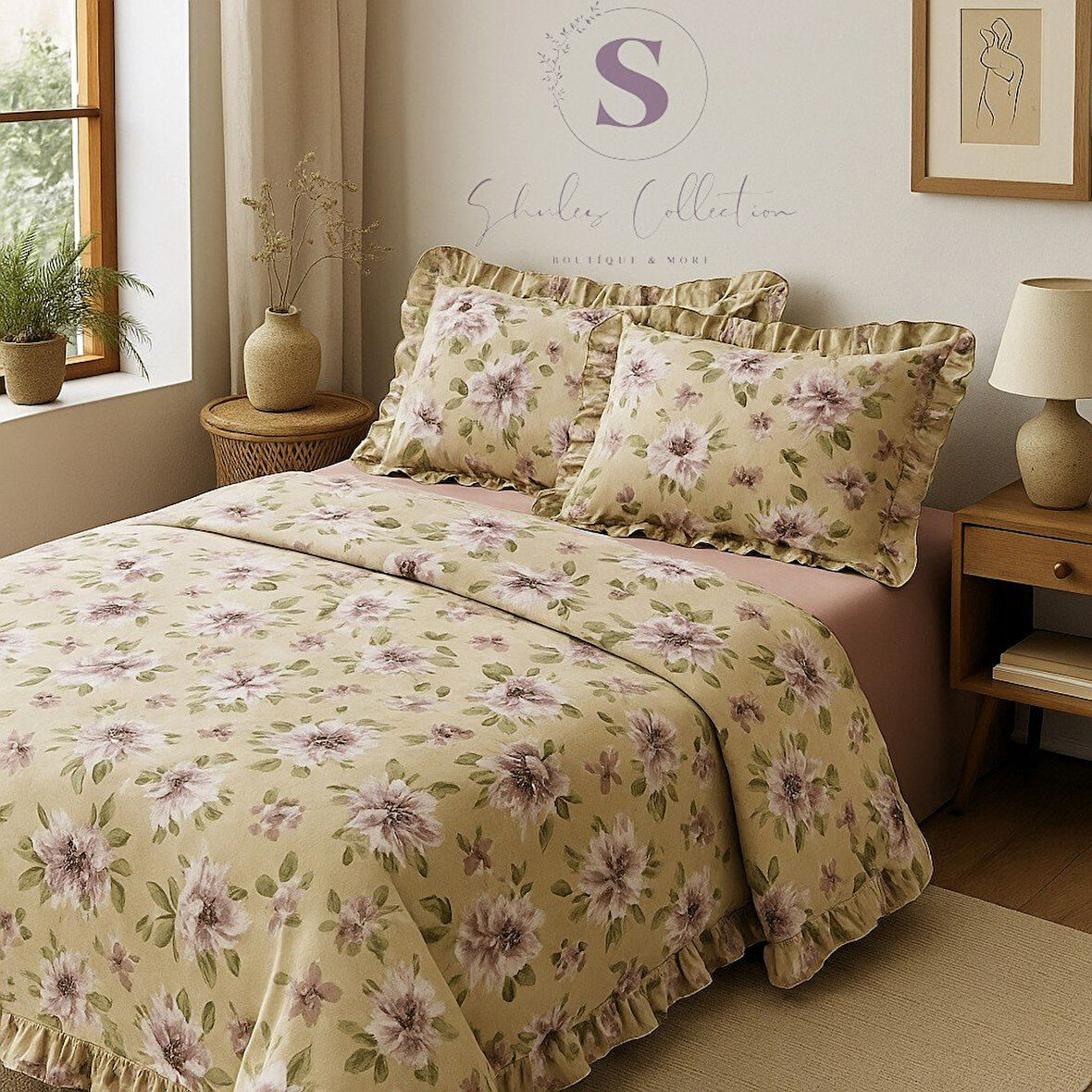 PEONY çiçekli % 100 Pamuk Fırfırlı Çift Kişilik Nevresim Takımı
