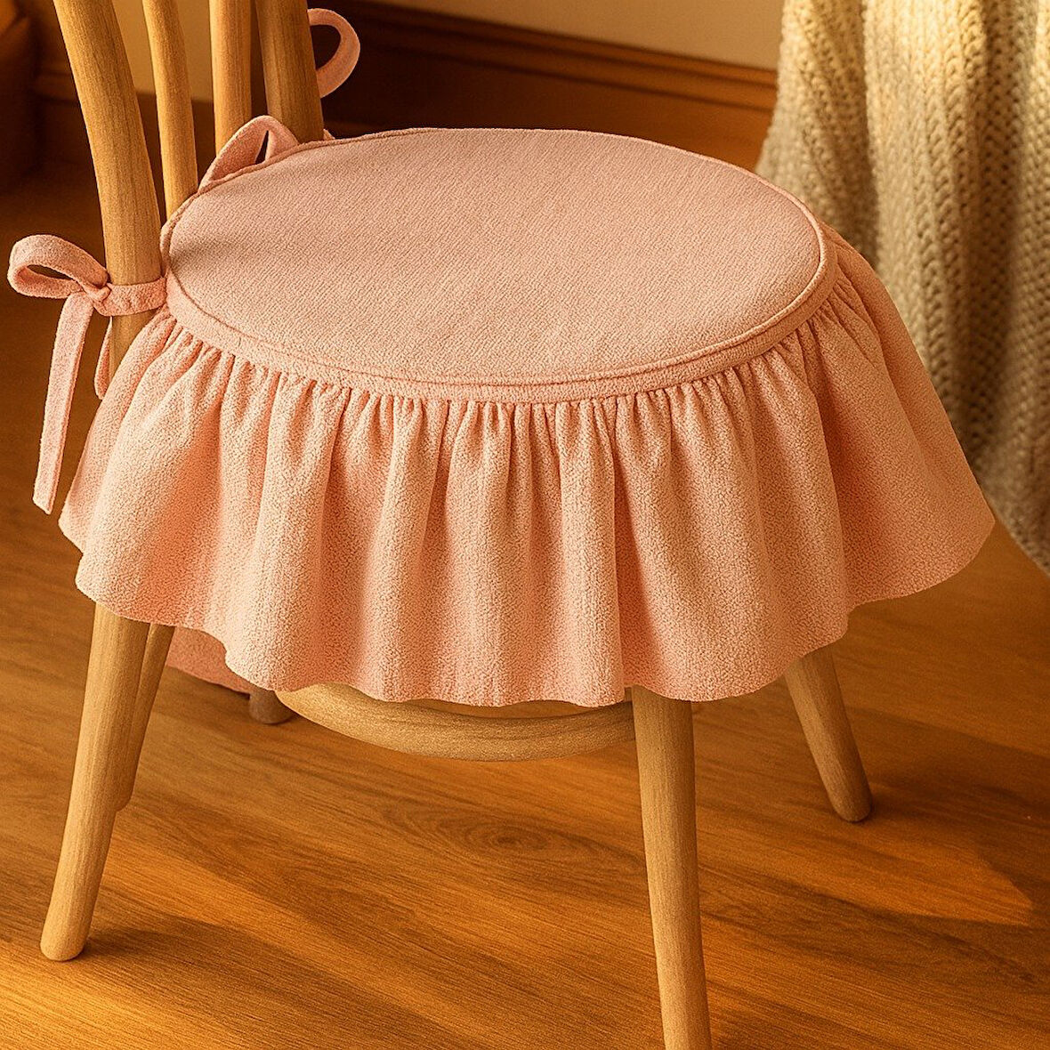  EL YAPIMI YUVARLAK BULDAN YIKANMIS KETEN FIRFIRLI SANDALYE MİNDERİ(PEMBE)