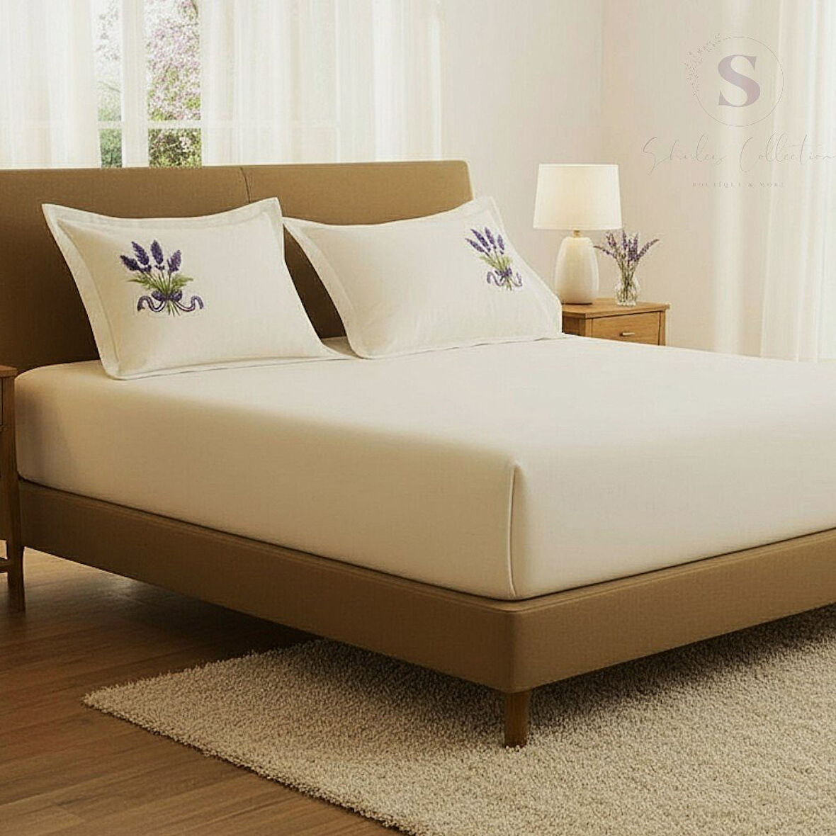 Shules collection Buldan Keteni Lavanta Nakışlı Çift Kişilik Çarşaf+Yastık Seti %100 Pamuk