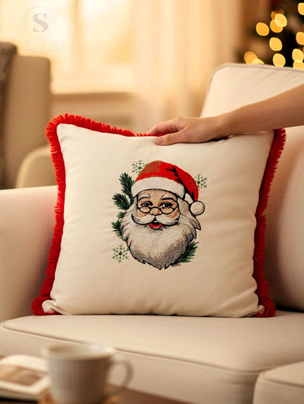 NOEL BABA NAKIŞLI FIRFIRLI BULDAN KETENİ YASTIK KILIFI (43 x 43) 1 Adet Dolgusuz