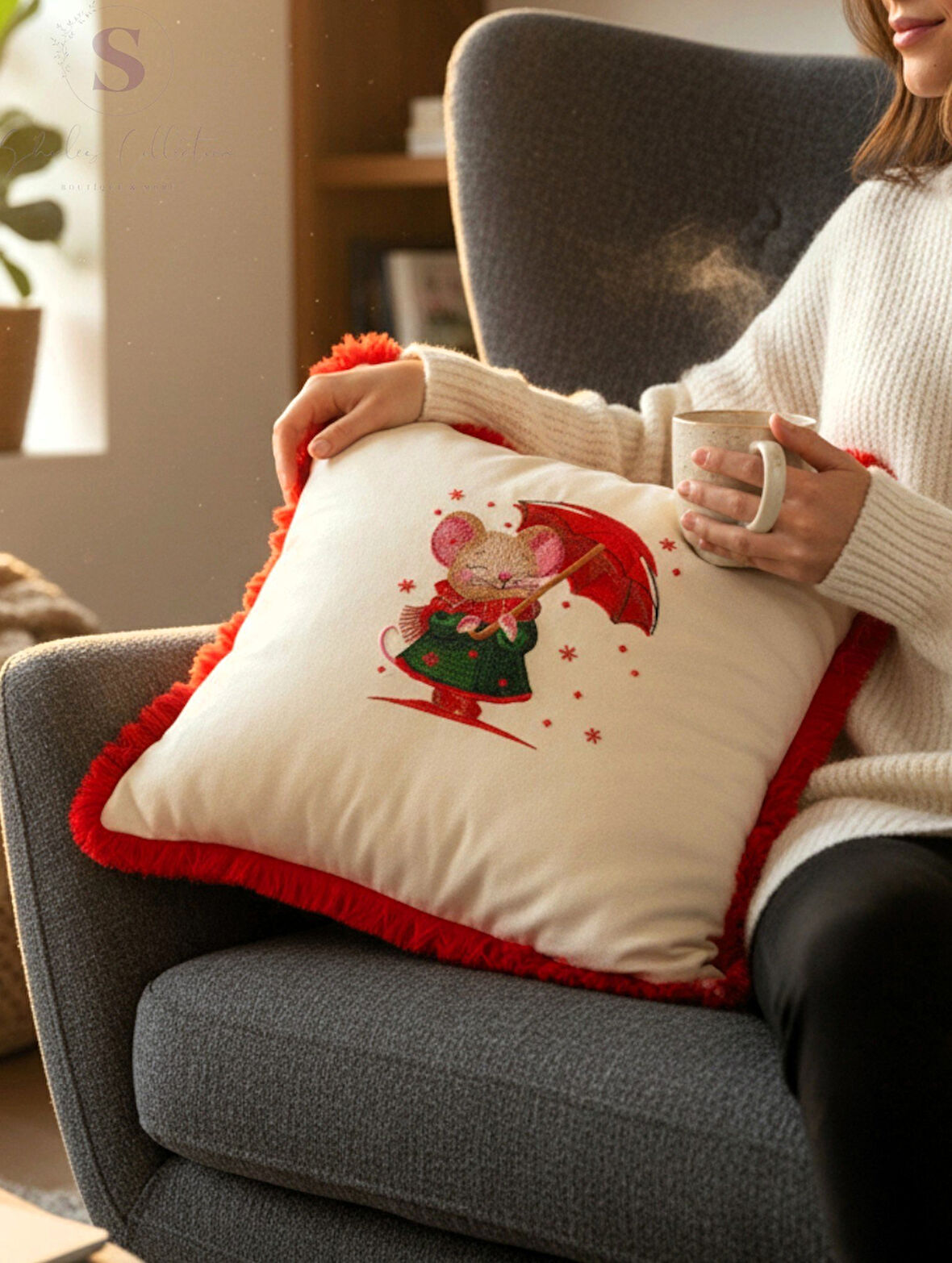 ŞEMSİYELİ Kadın BİANCA NAKIŞLI FIRFIRLI BULDAN KETENİ YASTIK KILIFI (43 x 43) 1 Adet Dolgusuz