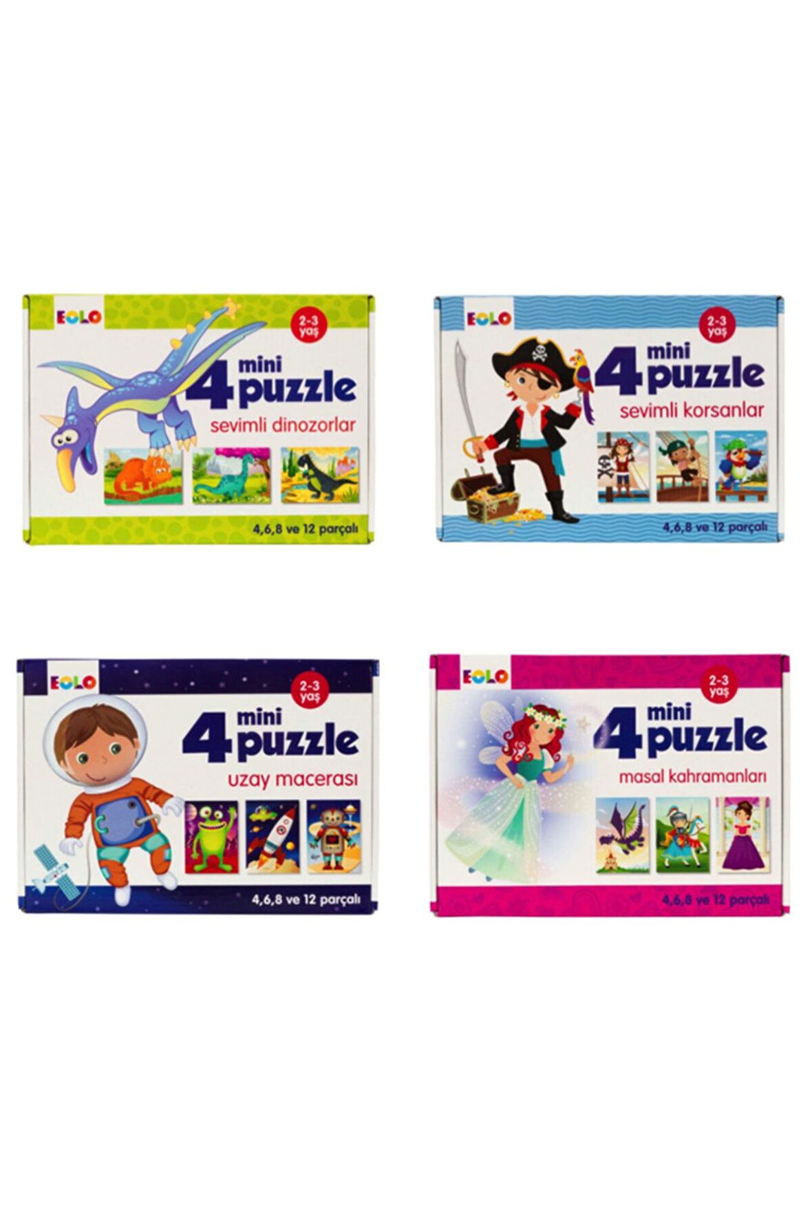 4 Mini Puzzle Set Sevimli Dinazorlar - Sevimli Korsanlar - Uzay Macerası - Masal Kahramanları