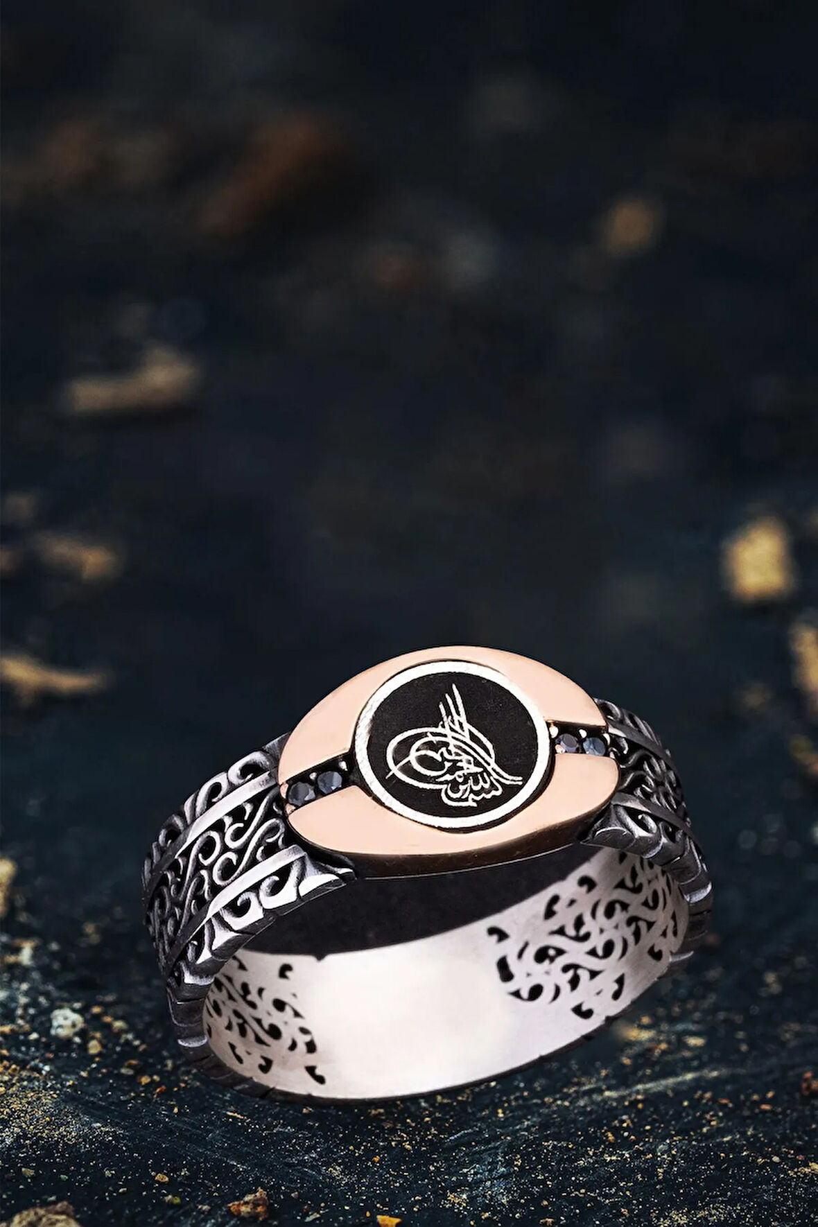 Erkek Gümüş Yüzük - Osmanlı Tuğralı Sarmaşık Motifli İnce Kibar Erkek Yüzük