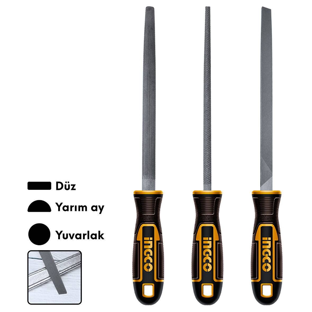 Ingco HKTFS1308 8"/200mm 3'lü Endüstriyel Eğe Seti