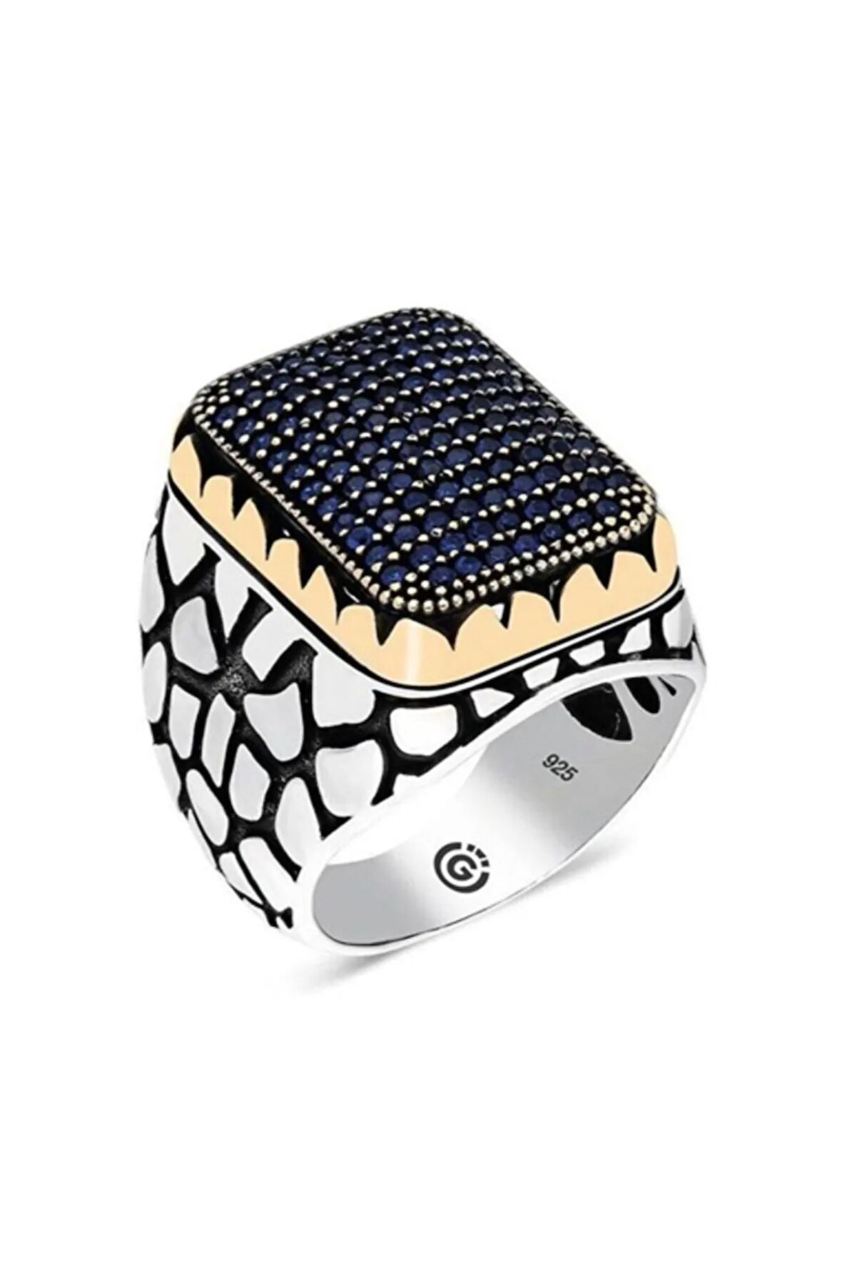 Rennes Lacivert Zirkon Taşlı Yanı İşlemeli Özel Seri Erkek Gümüş Yüzük