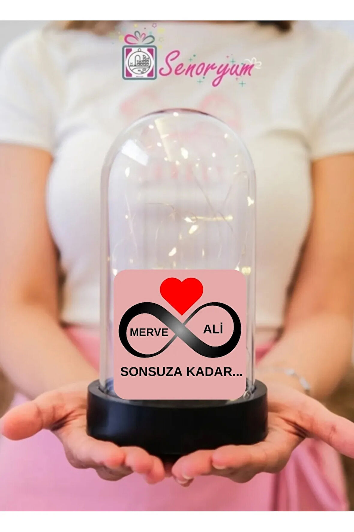 Sevgiliye Hediye Kişiye Özel İsimli Sonsuzluk İşareti Işıklı Fanus