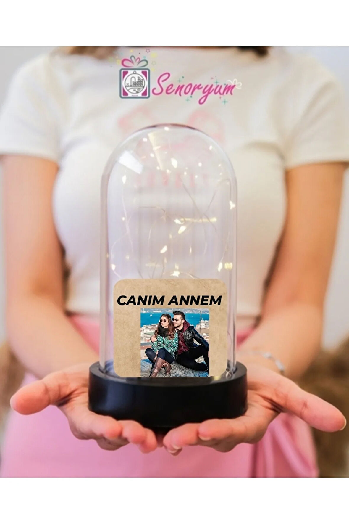 Anneye Hediye Canım Annem Fotoğraflı Işıklı Fanus