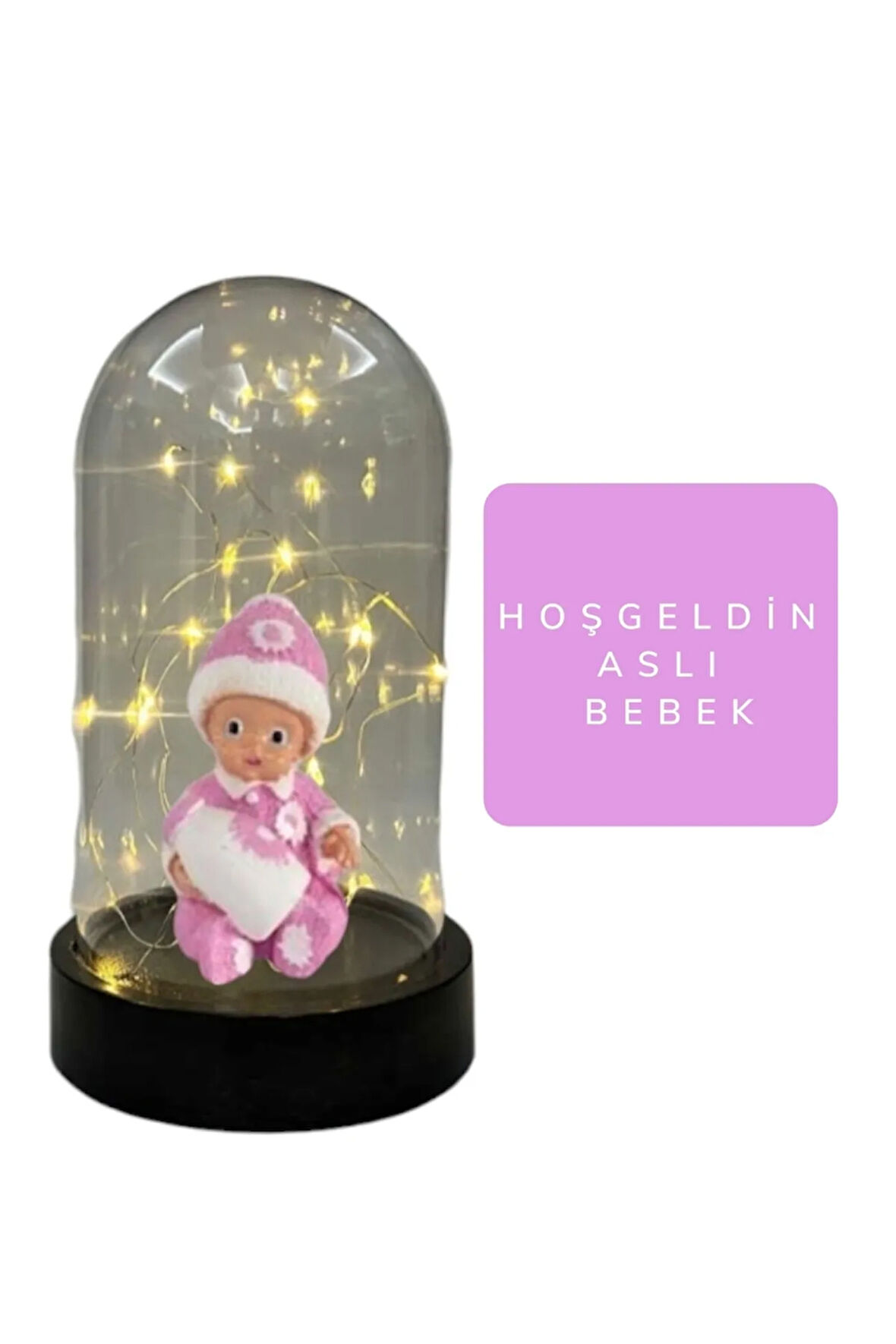 Hoşgeldin Kız Bebek İsimli Yeni Doğum Hediyesi Işıklı Fanus