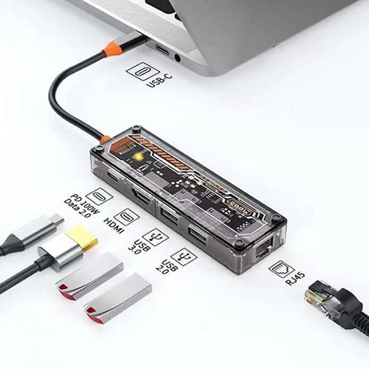 Coofbe 100w Pd 5in1 Type-C Hub Type-C to 4K@30Hz 1000 Mbps RJ45 5GBPS USB3.0 USB2.0 Çeviriçi Hub 