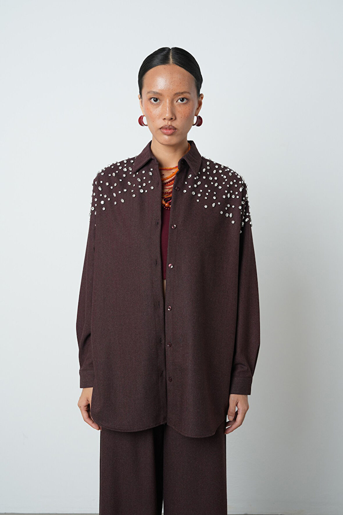 Kadın Robası Taş İşlemeli Oversize Kesim Tesettür Gömlek