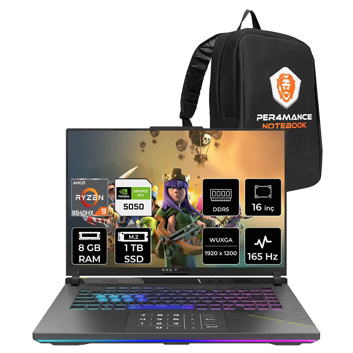 ASUS Rog Strix G16 R9 8940HX 8GB 1TB SSD RTX5050/8GB 165Hz 16" WUXGA FDOS Gaming Laptop G614PH