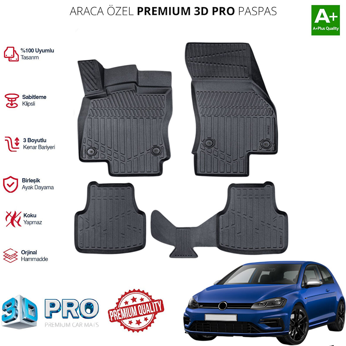 GOLF 7 ARACA ÖZEL 3D PASPAS 2012 2013 2014 2015 2016 2017 2018 2019 2020