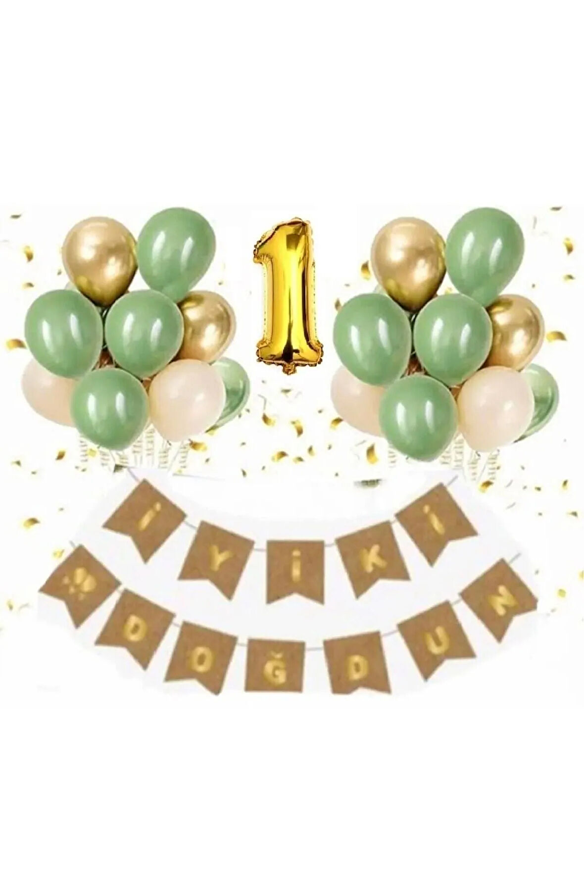1 Yaş Kraft Gold Varaklı Iyi Ki Doğdun Banner Krom Gold Küf Yeşili Deniz Kumu Balon Set