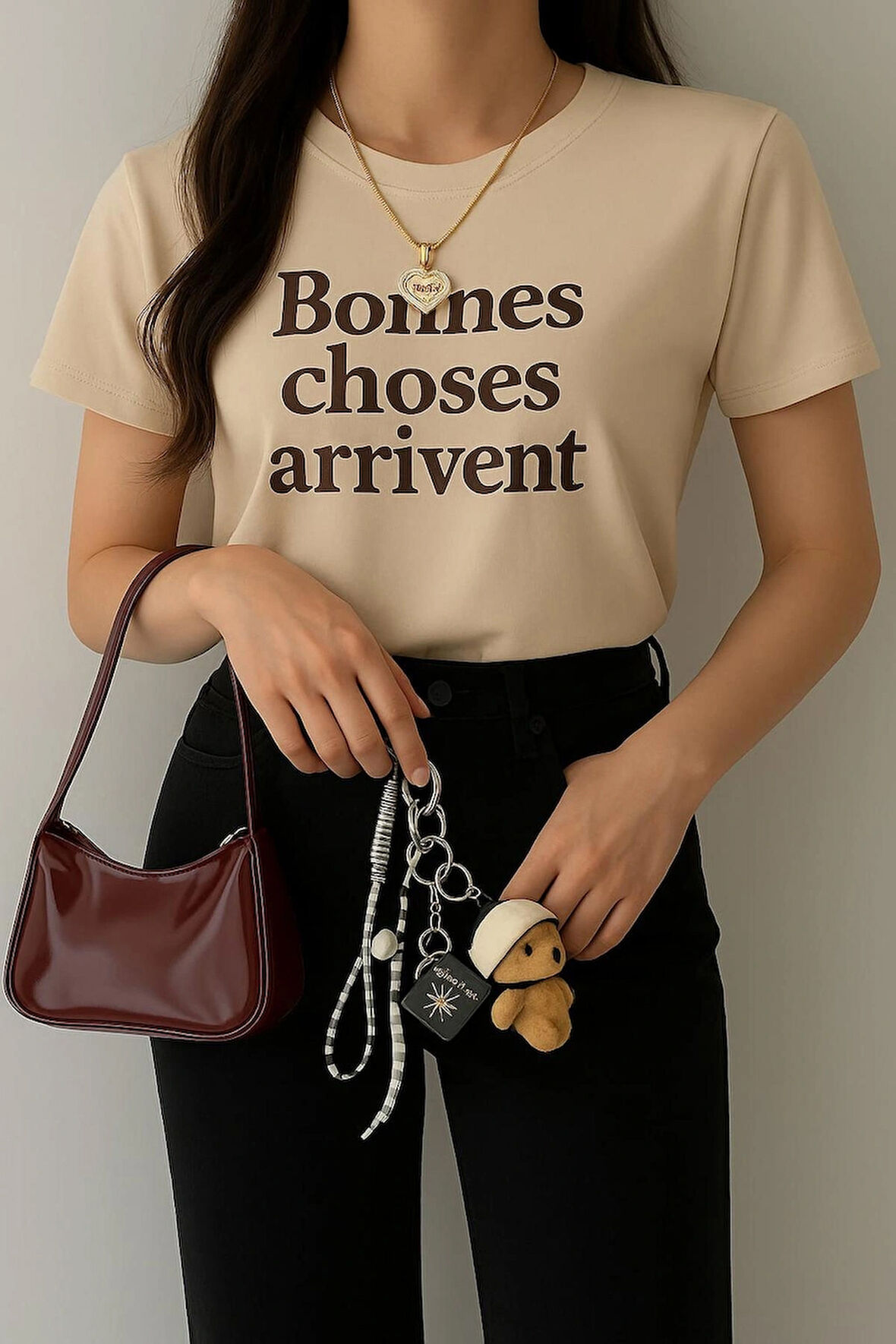 Bordo Rugan Çanta & Kitaplı Ayıcık İncili Charm + Kalpli Gold Kolye 3’lü Şık Kombin Set