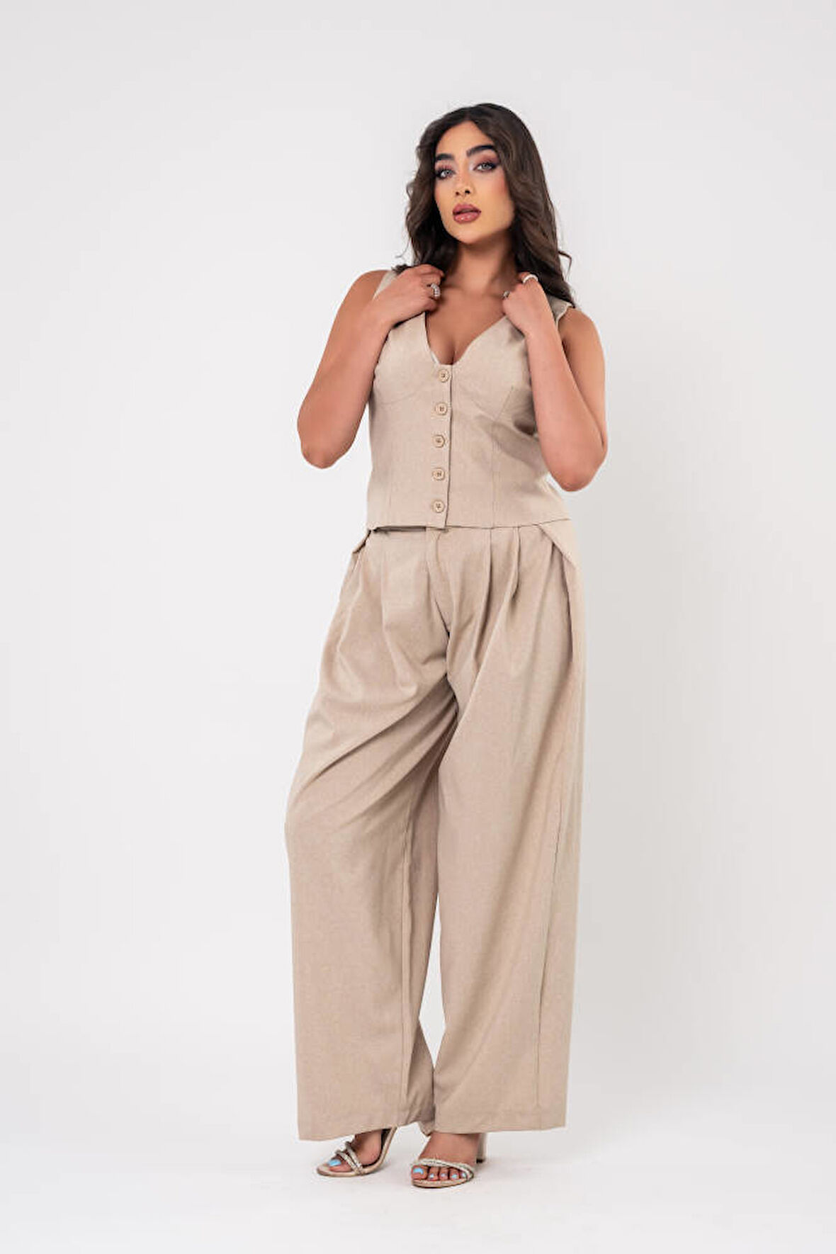 Düğmeli Pile Detaylı Palazzo Pantolon Yelek Takım TKM16009