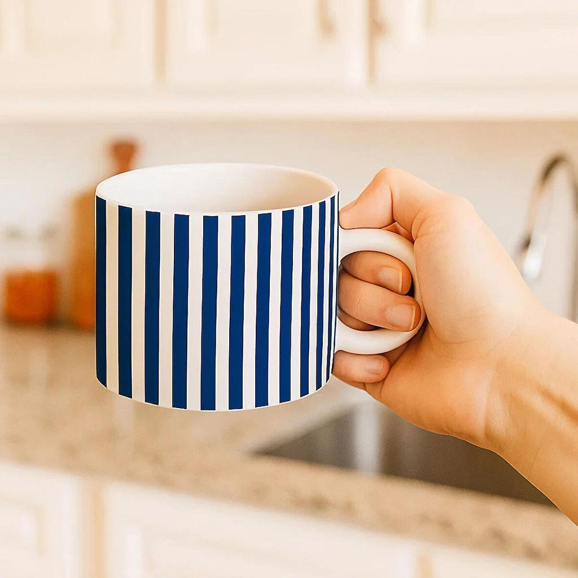 Lacivert Şerit Desenli Motto Fincan Kupa Bardak