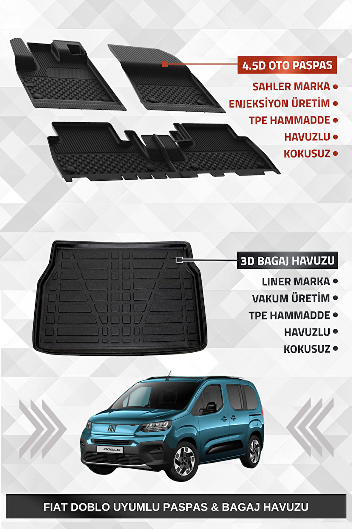 Sahler Fiat Doblo 2023+ Uyumlu 4.5D Premium Havuzlu Oto Paspas Ve Liner Marka 3D Bagaj Havuzu 