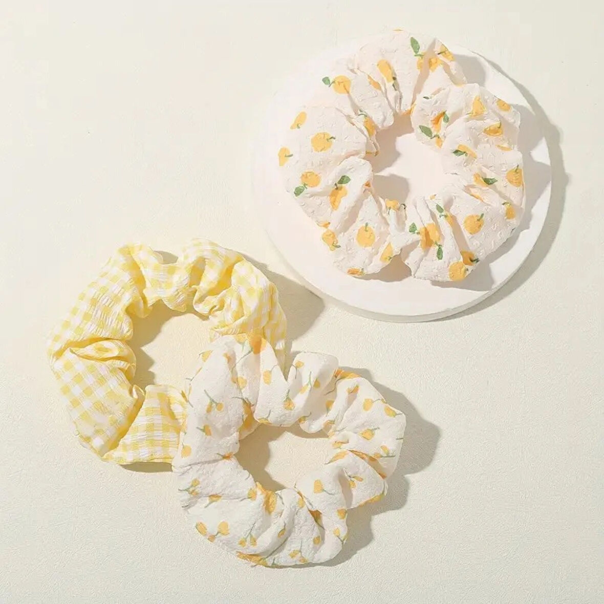 Çiçek Desenli Saç Tokası Seti, Beyaz ve Sarı, Pamuklu Kumaş, 10cm x 8cm, Ekose ve Çiçek Desenli, 5'li Paket