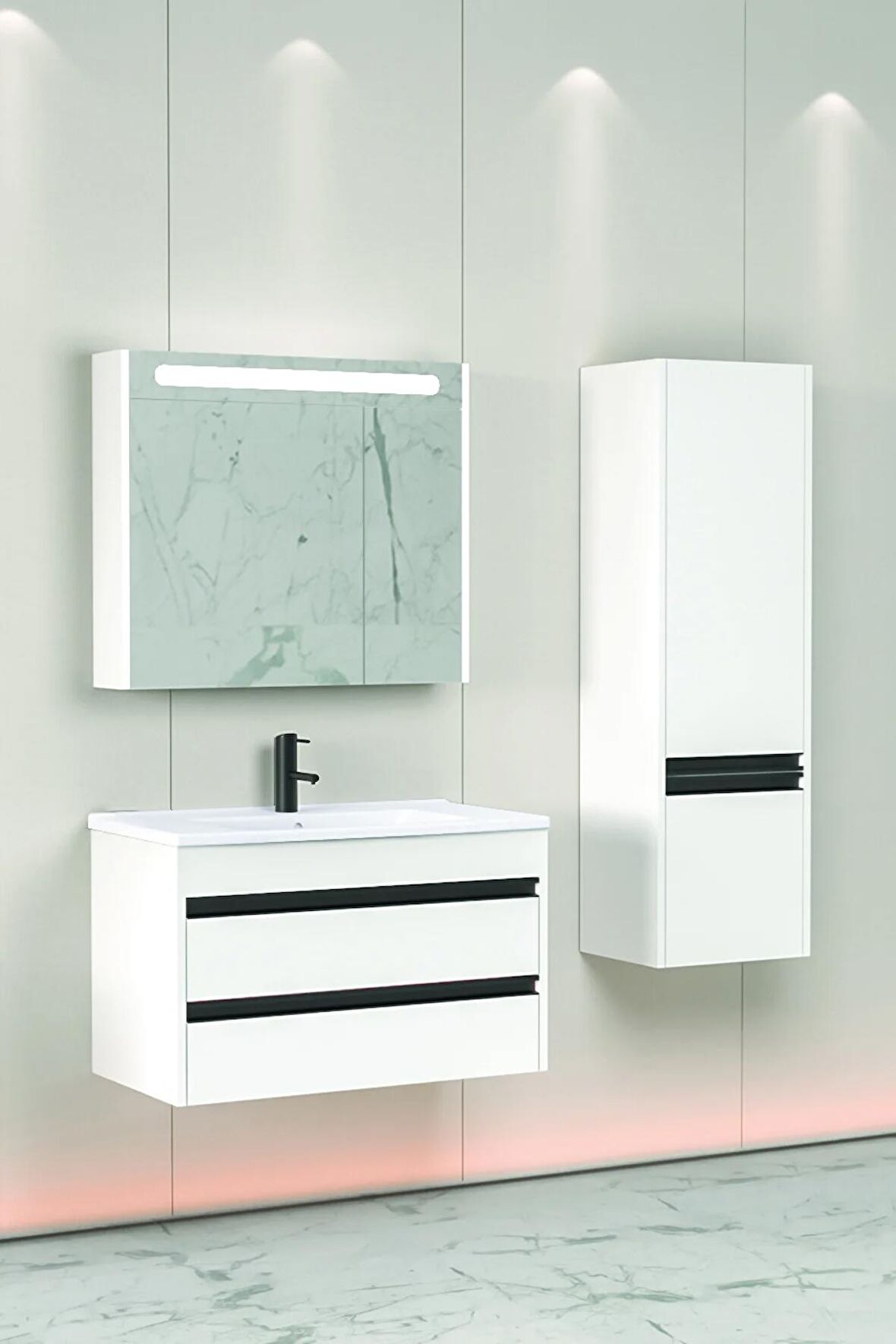 Levante 85 Cm Beyaz Lavabolu Banyo Dolabı Npl Aynalı - Boy Dolap Dahil