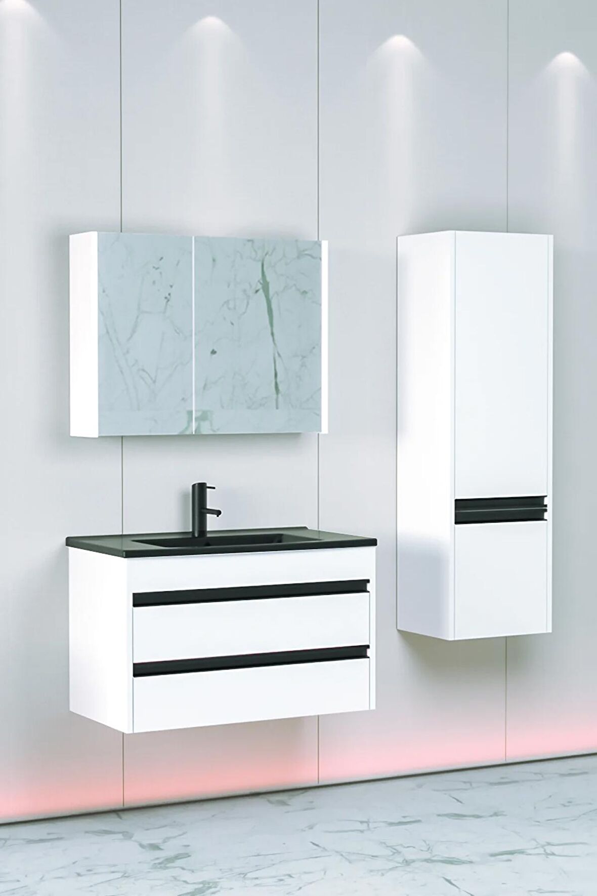 Levante 85 Cm Siyah Lavabolu Banyo Dolabı Bgn Aynalı - Boy Dolap Dahil