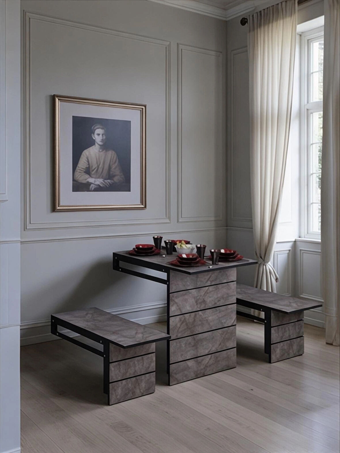 Firuze Duvara Monte Katlanabilir 2 Tabureli Pratik Yemek Masası Balkon Masası