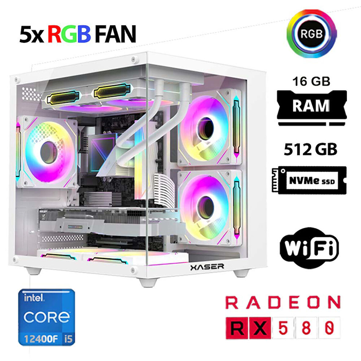 Xaser Cube X160 i5 12400F 16GB Ram 512GB M.2 NVMe SSD 8GB RX580 Beyaz Masaüstü Oyuncu Bilgisayarı