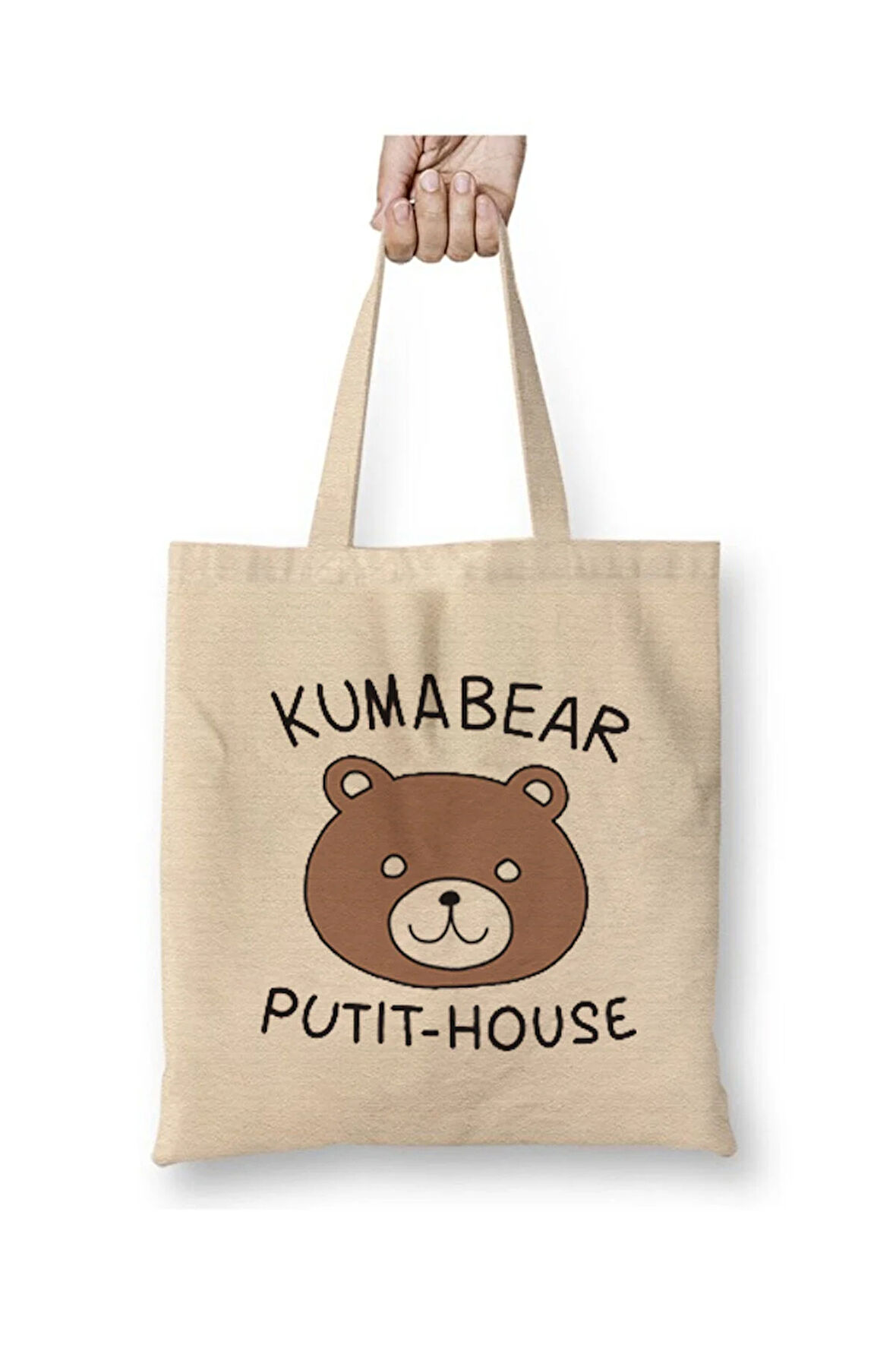 Kuma Kuma Kuma Bear Beyaz Bez Çanta Uzun Saplı Alışveriş Çantası Plaj Çantası