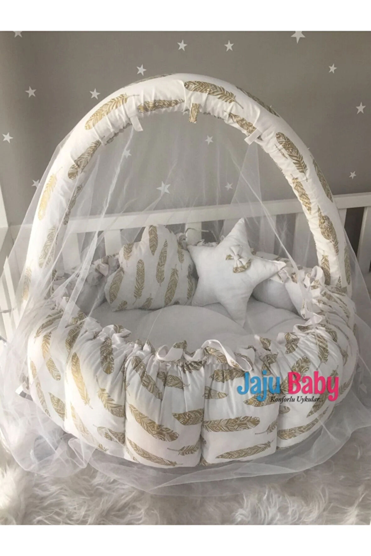 Nest Altın Tüy Desenli Lüx Oyun Minderi Jaju Babynest Cibinlik Tül Oyuncak Aparat Set