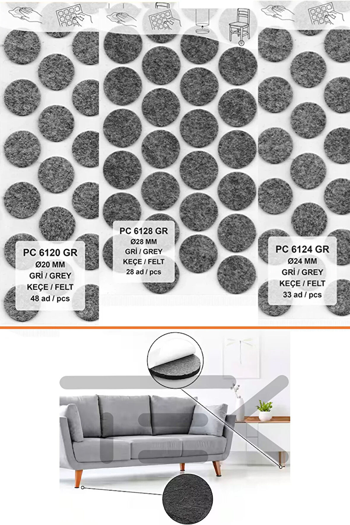 Yapışkanlı Sandalye Koltuk Mobilya Ayak Keçesi Gri Set 3 Paket Parke Zemin Yüzey Koruyucu Keçe