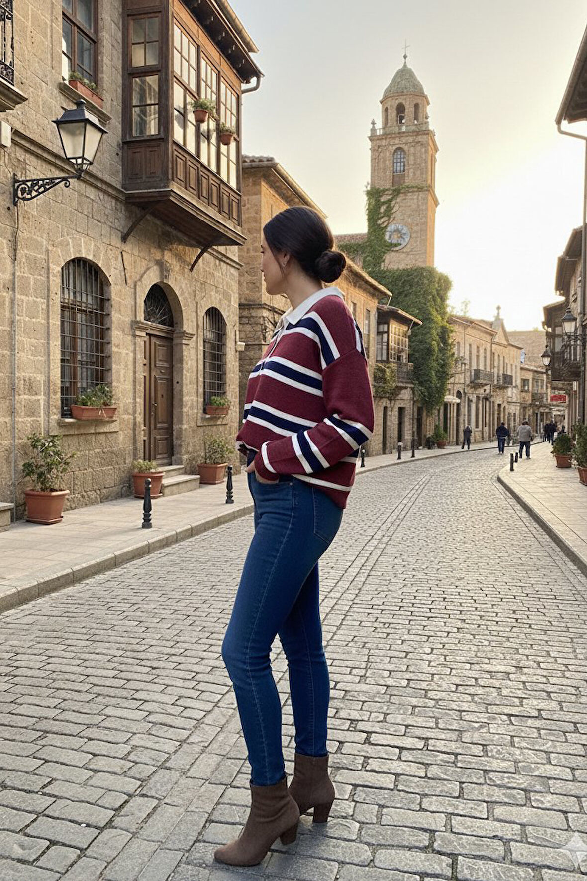 Polo Yaka Çizgili Önü Düğmeli Kazak