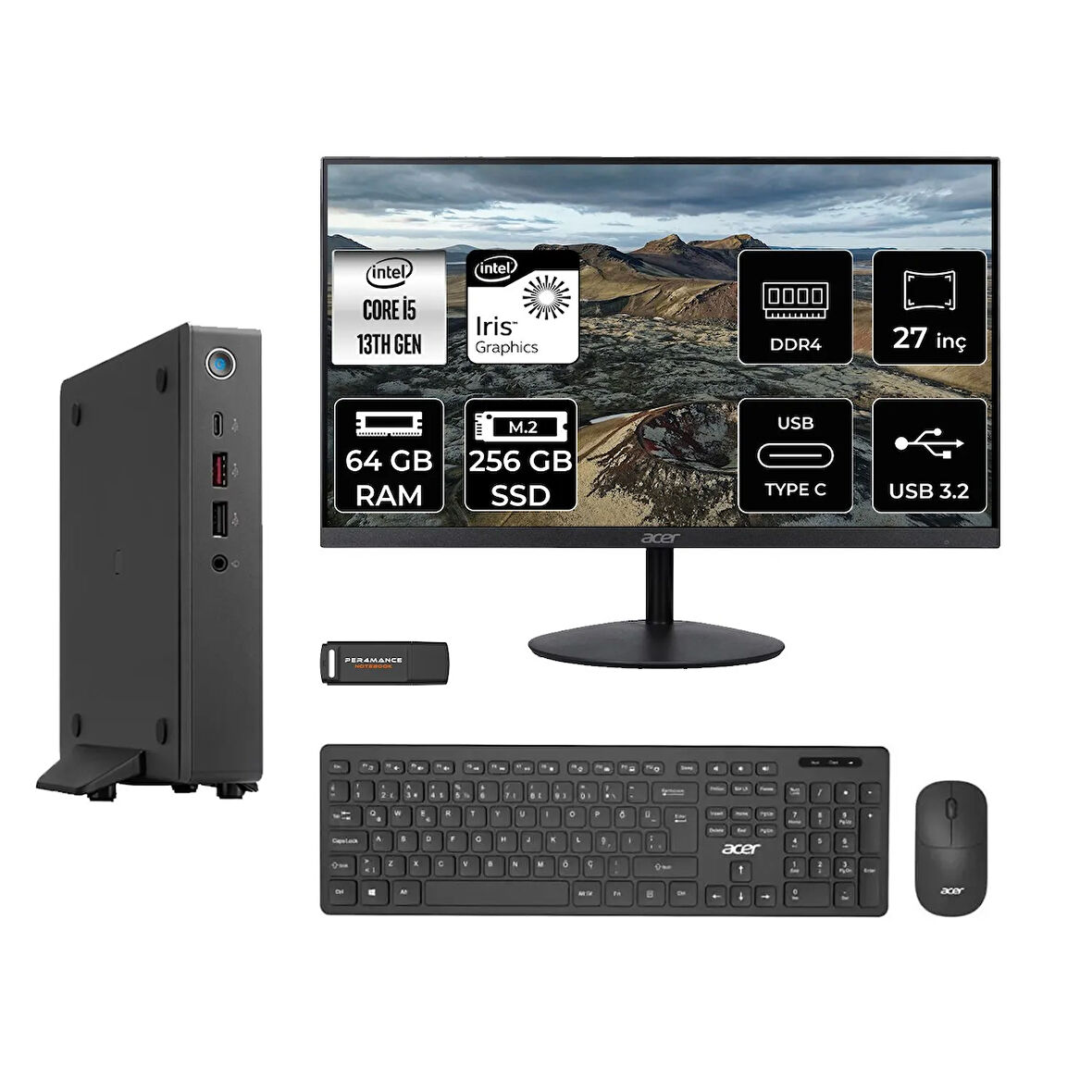 Acer Veriton 2000 i5 1334U 64GB 256GB SSD 27" FHD FDOS Mini Masaüstü Bilgisayar & PER4 USB Bellek